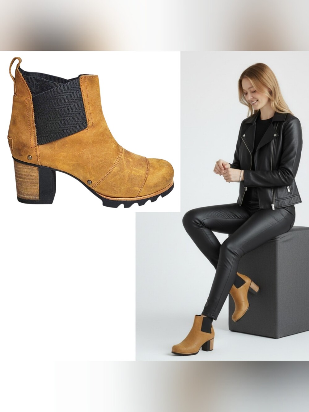 Sorel size 6 Addington Chelsea boots chunky block heel brown pull on waterproof